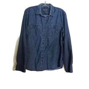 American Rag Denim Shirt WSzM Long Sleeve Dk Blue Snaps Lite Weight Collar Used